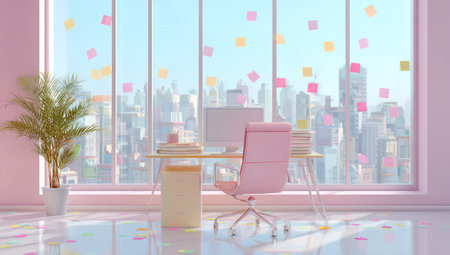 A well-lit interior office space is shown with a large window overlooking a cityscape. Pink hues dominate the color palette including the chair walls and decorative elements. The room includes a desk a potted plant and scattered notes suggesting a creative and professional workspace. This image could be used for design or lifestyle related projects.の素材
