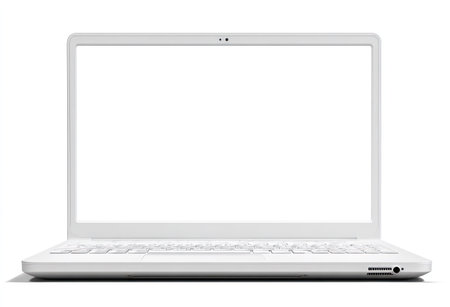 A contemporary white laptop is presented against a clean white backdrop. The screen is empty, offering ample copy space. The image displays the device's keyboard and design. Ideal for illustrative projects, the visual is suited for various commercial applications in technology and design.の素材