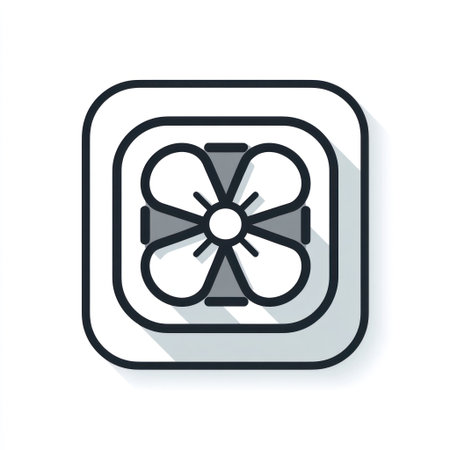 This graphic features a stylized fan icon with a square outline. The design employs a simple black and white color scheme. The composition uses a flat, graphic style. Ideal for applications in web design, presentations, and other commercial purposes. It is a useful visual element.の素材
