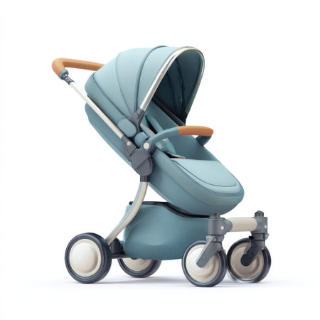 A stylish teal stroller is presented against a white backdrop. It features a curved design, beige accents, and a contemporary aesthetic. The image shows the stroller's wheels and frame, suggesting easy maneuverability. Ideal for design projects or marketing materials related to baby products, parenting, and family.の素材