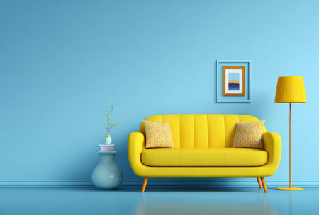 A vibrant yellow sofa sits against a serene blue wall, complemented by a floor lamp and framed artwork. The minimalist composition features soft lighting and a clean design, creating a sense of calm and spaciousness. Suitable for interior design, advertising, and editorial projects focusing on home decor.の素材