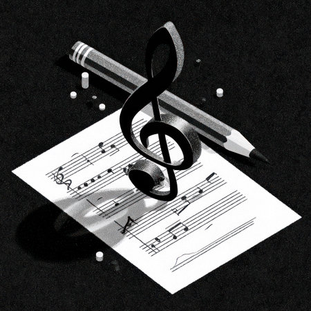 This black and white illustration depicts a treble clef, a pencil, and sheet music. The composition features strong shadows and highlights, creating depth. The style is graphic and conceptual, suggesting creativity and artistic expression. Suitable for commercial projects related to music, education, or creative design.の素材