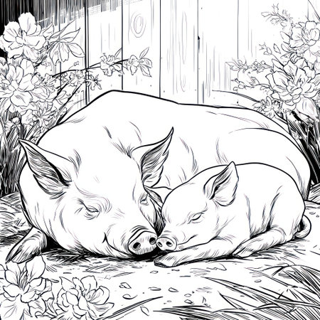 A grayscale illustration features a pig and its piglet in a peaceful repose. The artwork showcases detailed lines and contrasting shades, possibly intended for coloring or artistic purposes. The scene includes blooming flowers and a wooden backdrop, possibly suggesting an outdoor setting or a rural context. This image could be utilized for various design projects.の素材