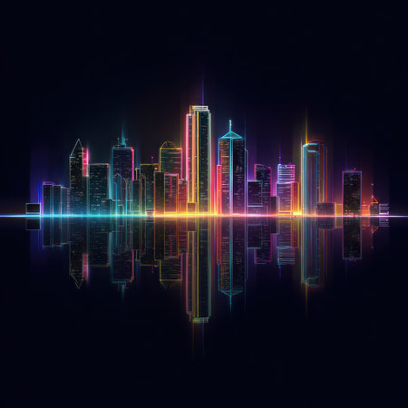 An illustration depicts a vibrant city skyline at night. Buildings are outlined with neon colors, creating a glowing effect. The image features a symmetrical composition with reflections in the foreground, and the overall style is modern. Suitable for digital design or artistic projects.の素材