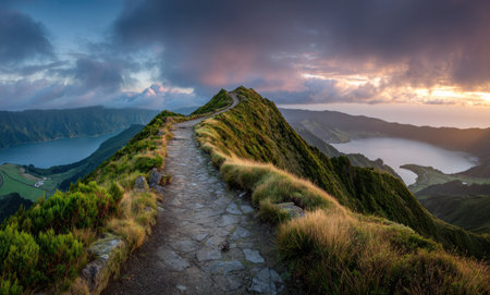 A stone pathway traverses a lush, green mountain ridge under a dramatic sky at sunset. The image displays a long, winding pathway with low-angle perspective, natural lighting, and a panoramic composition. This landscape photograph could be used for various commercial or editorial purposes.の素材