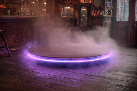 An enigmatic platform, encircled by glowing purple light, dominates the scene. Swirling vapor billows from the platform, creating an atmosphere of mystery. The scene takes place indoors, illuminated by ambient light. This image is suitable for various conceptual or editorial applications, offering a compelling visual element.の素材