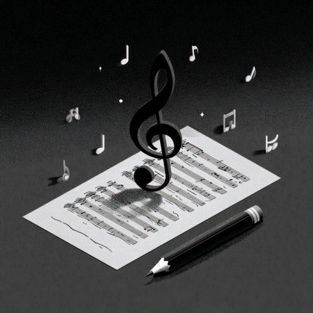 An artistic illustration presents a musical theme featuring a large treble clef and musical notes surrounding a sheet of music and pencil. The monochromatic design includes varying shades of gray, creating depth and contrast. Suitable for editorial and commercial projects that require imagery related to music and creative concepts.の素材