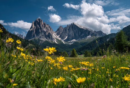 A scenic view captures a mountain range under a bright blue sky with scattered clouds. The foreground features yellow wildflowers in full bloom. The natural lighting highlights the textures of the mountains and the vibrant colors. This imagery could be used for travel, nature, or environmental projects.の素材