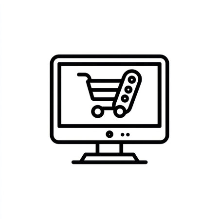An illustration features a computer monitor displaying a shopping cart icon. The artwork is created using black lines, presenting a modern, minimalist style. It could be used for various applications such as websites, marketing materials or in educational contexts. The clean design suggests a focus on digital commerce.の素材