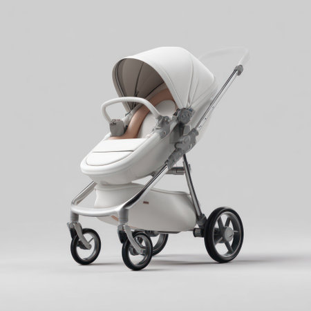 A pristine white baby stroller is presented against a seamless neutral background. The image showcases the stroller's modern design, featuring curved lines and metallic accents. The lighting is soft and even, highlighting its clean aesthetic. This image is suitable for advertising, product catalogs, and conceptual designs.の素材