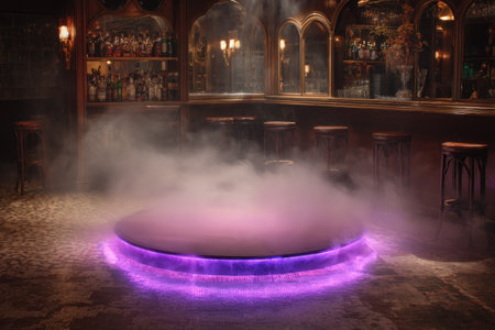 A mysterious scene features a circular stage engulfed in fog and accented by glowing purple light. The composition highlights a bar in the background, dimly lit with warm light. The image's color palette creates a sense of intrigue. Suitable for editorial use, advertising, or concept design.の素材