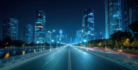 An image captures a nighttime cityscape featuring tall skyscrapers illuminated against a dark blue sky. A road extends into the distance, with streetlights adding to the artificial lighting. The composition suggests an urban setting with a modern architectural style, possibly suitable for commercial and editorial purposes.の素材