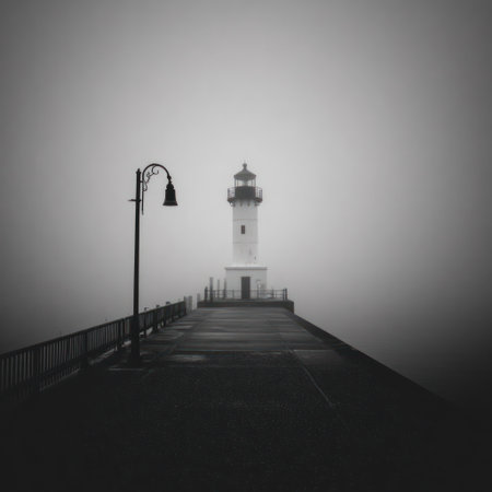 A grayscale photograph shows a lighthouse at the end of a pier disappearing into dense fog. The image displays a dramatic contrast of black and white tones. The composition focuses on linear perspective and atmospheric depth. This image can be used for artistic, editorial, or commercial applications.の素材