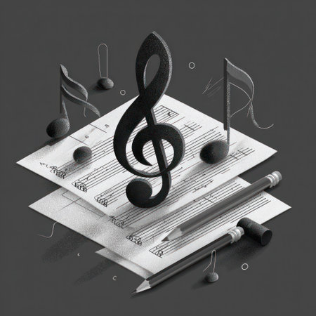 An illustration depicts a treble clef and musical notes superimposed on sheet music. The artwork features a grayscale palette, with detailed textures and a slight perspective. Pencils are placed across the sheet music. This image would be ideal for use in educational resources and design projects related to music composition.の素材