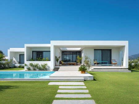 A contemporary white house features a swimming pool and expansive green lawn. The architecture displays clean lines and large windows. The bright daylight illuminates the scene, suggesting a luxurious environment ideal for residential or promotional uses. The composition emphasizes space and design with an open, inviting aesthetic.の素材