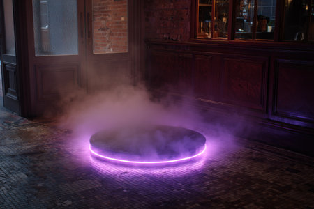 A circular platform glows with neon light, surrounded by swirling smoke within an interior setting. The composition features a low-angle perspective, emphasizing the lighting effects and creating a sense of mystery. Potential uses include concept art, digital design, or visual elements for various creative projects.の素材