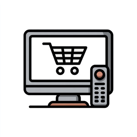 An illustrated computer monitor features a shopping cart icon, suggesting online retail. A remote control sits alongside, indicating control or interaction. The design uses bold outlines and flat colors, possibly for digital use. It hints at concepts of commerce, technology, and information, with potential applications for advertising or website design.の素材