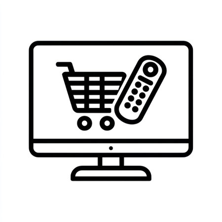 A vector illustration depicts a television screen displaying a shopping cart and a remote control. The image uses a clean, black and white style with bold lines, offering a minimalist aesthetic. This design could suit various applications such as e-commerce websites and digital media promoting online shopping experiences, suitable for both commercial and editorial uses.の素材