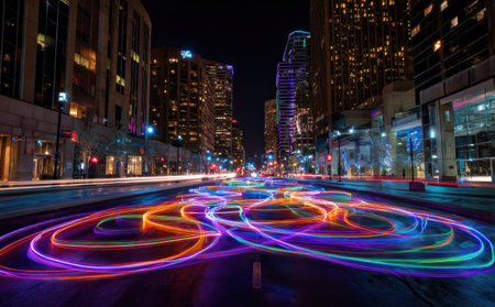 An urban scene at night showcases long exposure light trails forming vibrant patterns across a roadway. Buildings with illuminated windows and artificial lighting fill the background. The image features a low angle composition with cool and warm color contrasts suggesting commercial or artistic applications.の素材