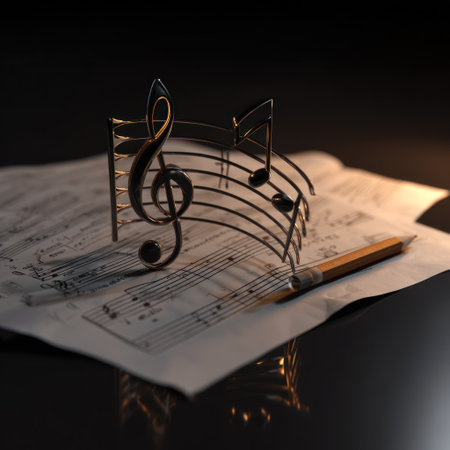 A metal sculpture of musical notes rests on sheet music, accompanied by a pencil. The image showcases textures, contrasts, and warm lighting. This could be used for advertising campaigns and editorial content. The composition suggests an indoor setting with a focus on detail.の素材
