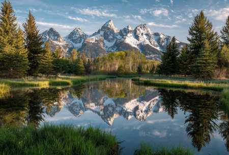 The image features a mountain range with snowy peaks reflected in a serene lake. The composition showcases lush green trees, and the clear blue sky provides a backdrop. The scene evokes a sense of tranquility and is suitable for various applications, including editorial and commercial projects.の素材