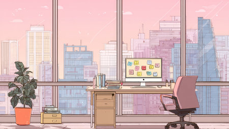 An illustration depicts an office workspace with a desk, computer, and a cityscape view visible through large windows. Soft pink and beige tones dominate the scene, with a plant and desk accessories. The artwork's style evokes a sense of tranquility, suitable for various commercial uses, including website design or editorial content.の素材