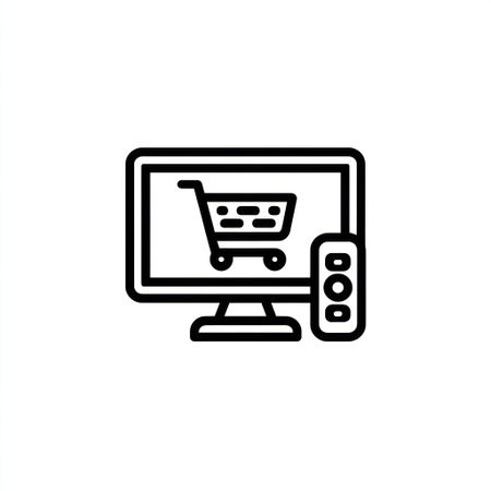 An illustrated computer monitor features a shopping cart icon, suggesting an online commerce theme. Rendered with black lines against a white backdrop, the design showcases a minimalist aesthetic. This graphical element could be used for web design, marketing, or visual communication.の素材