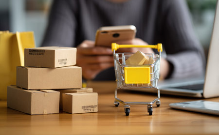 The image shows a person using a smartphone with boxes and a miniature shopping cart on a wooden surface. The composition includes a laptop and a yellow shopping bag. The colors are muted and the scene is illuminated by soft light. It could be used for various commercial or editorial projects related to e-commerce and retail.の素材
