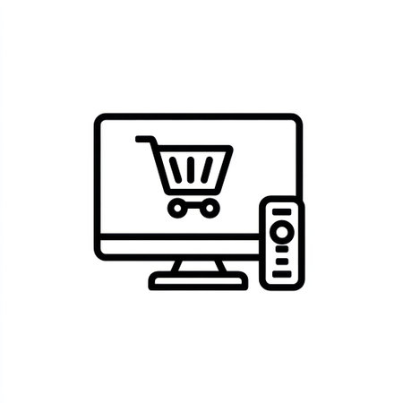 An illustrated icon depicts a computer screen displaying a shopping cart. The design uses bold black lines on a white background. The composition suggests an online shopping experience, with a focus on commerce and technology. Suitable for use in digital projects, this graphic can represent e-commerce.の素材
