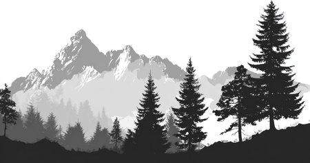 This monochrome image showcases a scenic forest landscape. The composition features silhouetted trees and a mountain range, suggesting an outdoor environment. The artwork uses a grayscale palette and a flat design style, creating a sense of depth and a visual aesthetic. It is suitable for various commercial uses, including illustrations and design.の素材