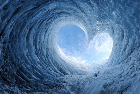 An ocean wave forms a heart shape, showcasing a vibrant blue sky through its opening. The image captures the water's textured surface, reflecting light and creating a dynamic composition. Possible applications include use in travel, nature, or environmental themed campaigns for editorial and commercial purposes.の素材