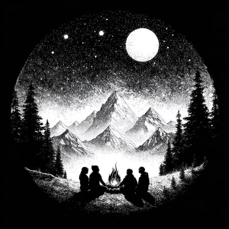 A grayscale illustration depicts a nighttime scene. Figures are silhouetted around a campfire against a backdrop of mountains and a starry sky. The style is reminiscent of a woodcut or engraving, utilizing detailed textures and contrasting light. Suitable for various editorial and commercial applications.の素材