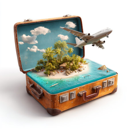 An open suitcase reveals a miniature tropical island scene with an airplane flying overhead. The image displays vibrant blues, greens, and browns, with a clean white backdrop. The composition suggests travel, adventure, and escape, suitable for a range of commercial applications.の素材