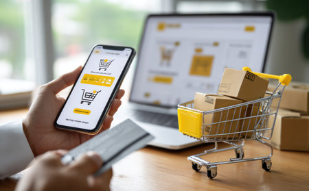 The image features a person interacting with a smartphone displaying a shopping cart icon. A laptop and a miniature shopping cart filled with boxes are also present, suggesting online retail. The scene showcases a modern indoor setup with natural lighting. This image can be used for advertising or illustrating e-commerce concepts.の素材