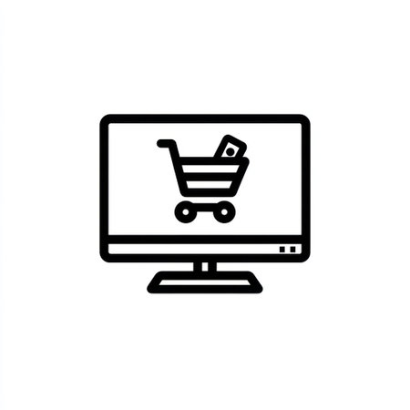 An illustration depicts a computer monitor displaying a shopping cart symbol, signifying online shopping. The design features bold black lines against a white background, creating a clean aesthetic. This graphic may be useful for website design, digital marketing campaigns, and presentations related to commerce and technology. It can be utilized in various commercial and editorial contexts.の素材