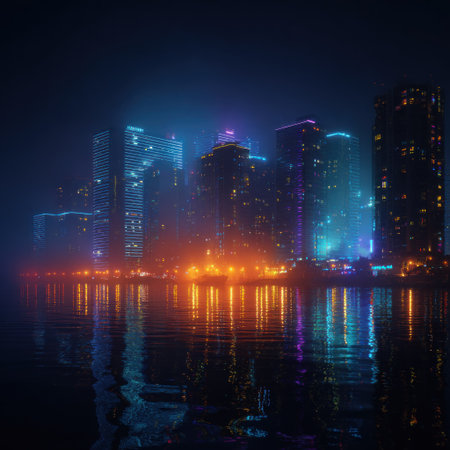 An artistic illustration showcases a city skyline at night with high-rise buildings. The scene is dominated by dark blue and orange hues, with bright lights illuminating the structures. The image suggests a modern urban environment, suitable for various editorial and commercial applications. The composition is likely digitally created.の素材