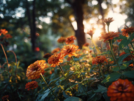 An image captures orange flowers in full bloom, illuminated by bright sunlight. The composition features a shallow depth of field, with soft focus creating a natural aesthetic. The background includes a forest setting with trees, suggesting an outdoor environment. This visual is suitable for various commercial uses related to nature, botany, or floral themes.の素材