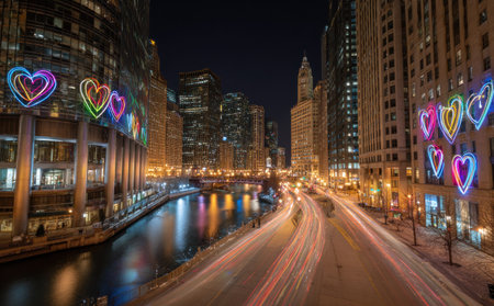 A night cityscape showcases tall buildings and neon heart decorations. Light trails from vehicles streak across a long roadway parallel to a river. The composition is a long exposure with warm tones and varied textures suggesting an urban environment, suitable for various commercial uses.の素材