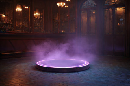 A circular platform emits a violet glow in a dimly lit interior space. The scene features diffused lighting and a hazy atmosphere, creating a sense of mystery and anticipation. This could be used for various conceptual projects or visual storytelling applications, potentially in entertainment or design.の素材