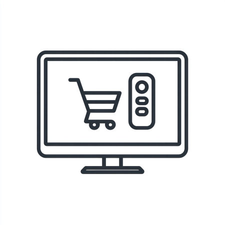 An illustrated computer monitor features a shopping cart and menu icon. The design employs simple black lines against a white background. This visual element portrays an interface for online shopping. It's suitable for various commercial uses, including website design and marketing materials.の素材