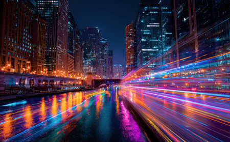 A vibrant cityscape presents colorful streaks of light reflecting on a waterway. Buildings rise along the water's edge, illuminated by artificial lighting. The composition features a long exposure effect, creating abstract lines and emphasizing motion. This image is suitable for various commercial uses, including website backgrounds and editorial content.の素材