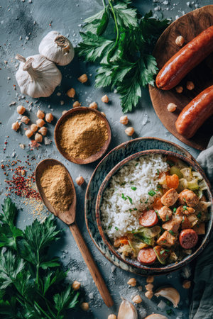 This overhead shot showcases a prepared meal with sausage, rice, and various ingredients. The composition features a bowl with food, accompanied by sausage on a wooden board. Fresh parsley, garlic bulbs, and spices are scattered around the scene. The image displays a rustic style and could be suitable for culinary publications or food-related commercial projects.の素材