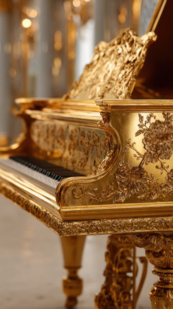 An opulent, golden piano is the main subject, showcasing intricate carvings and a polished finish. The instrument is set against a blurred background, suggesting an interior space. The lighting highlights the gold's reflective qualities, enhancing its luxurious appearance. This image is suitable for various commercial uses, including advertisements and editorial content.の素材