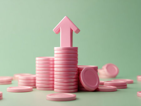 An image showcases stacks of pink coins topped with a pink arrow pointing upwards. The composition features a mint green backdrop, with soft lighting enhancing the 3D rendering. This visual is suitable for depicting financial concepts and is appropriate for various commercial applications.の素材