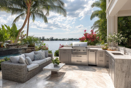 An outdoor kitchen features a grill, sink, and storage cabinets. A wicker sofa and a table with plants sit near a tiled patio. The scene includes green plants, palm trees, and a lake under a cloudy sky. Suitable for home decor, lifestyle, or architectural projects.の素材
