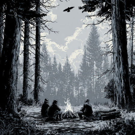 Three figures sit around a campfire in a forest clearing, under a cloudy sky. The monochrome image features a stylized illustration with a limited palette of blacks and grays. The scene depicts a tranquil outdoor setting, with trees framing the figures. The image is suitable for various commercial uses.の素材