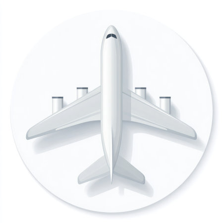 An overhead view presents a white airplane graphic, positioned centrally against a simple white backdrop. The airplane exhibits clean lines and a modern design. The composition features soft lighting and a minimalist style. Suitable for various design projects, this image could be used for aviation, travel or transportation-related concepts.の素材