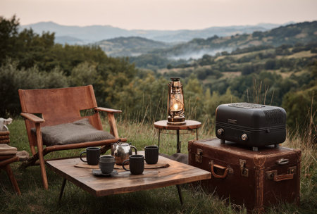 An outdoor scene showcases a wooden chair and table set for leisure. A lantern and small appliances sit nearby. The composition uses natural light and tones of brown and green. The background suggests a natural, mountainous environment, possibly suitable for lifestyle or travel content.の素材