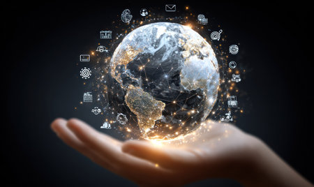 An individual's hand supports a globe, adorned with glowing digital icons. The image showcases a dark background, contrasting with bright lights and a focus on detail. It depicts a futuristic and abstract concept, possibly illustrating technology, communication, and global network, suitable for various editorial and commercial applications.の素材