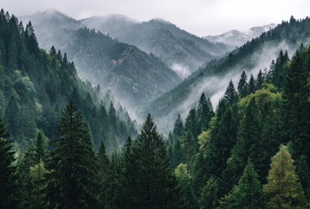The image showcases a scenic mountain landscape enveloped in a soft mist. Evergreen trees dominate the foreground, with layers of forested peaks receding into the distance. The color palette primarily features greens and grays. It could be used in various commercial or editorial projects. The composition emphasizes depth and natural beauty.の素材